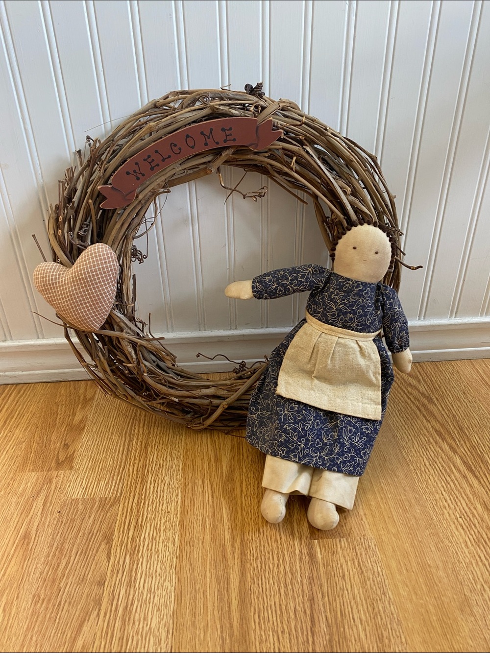 Vintage Folk Art Handmade Praire Girl Doll Welcome Grapevine Wreath